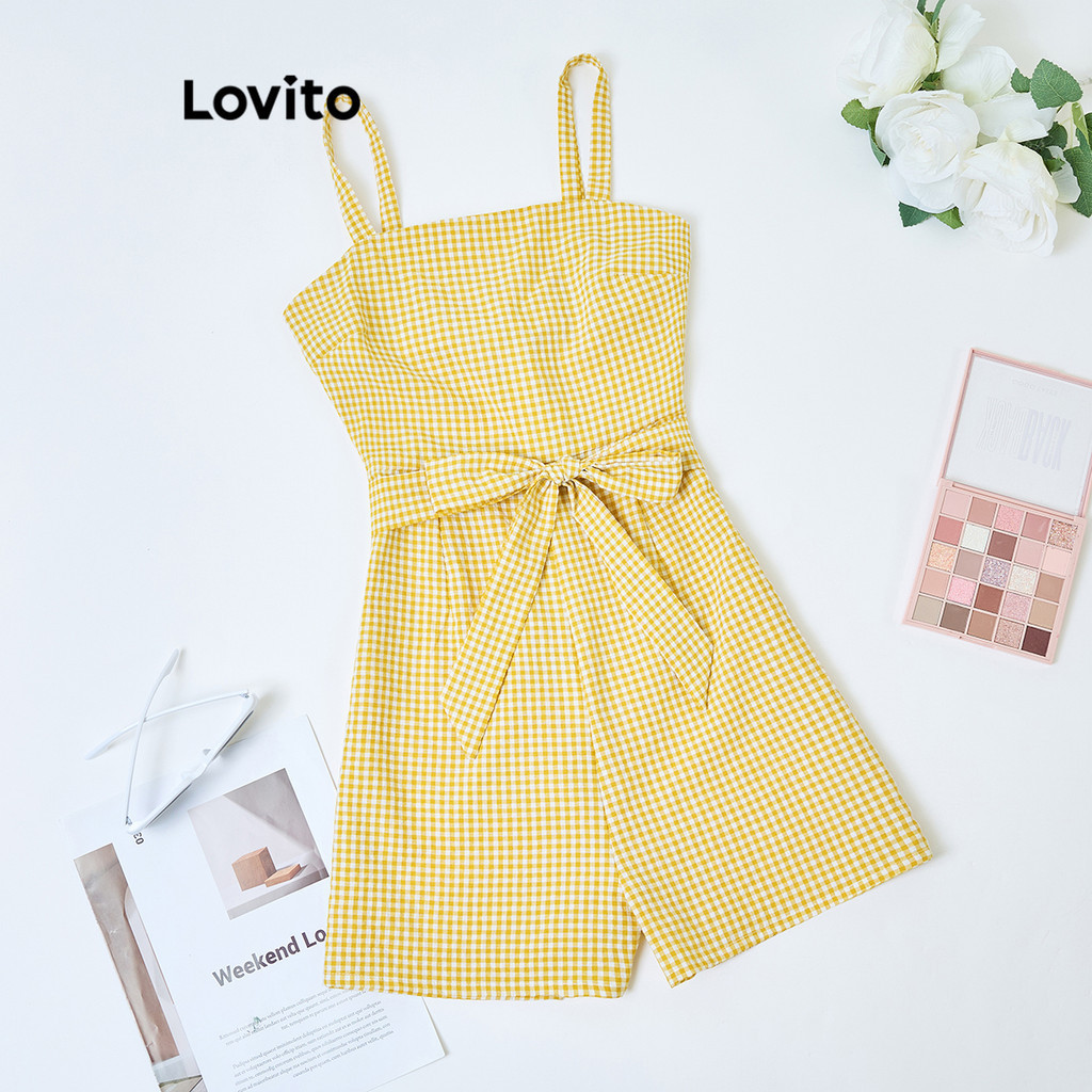 Lovito จั้มสูทผู้หญิง มีสายผูกด้านหน้า ลายตาราง สไตล์โบโฮ L86ED235