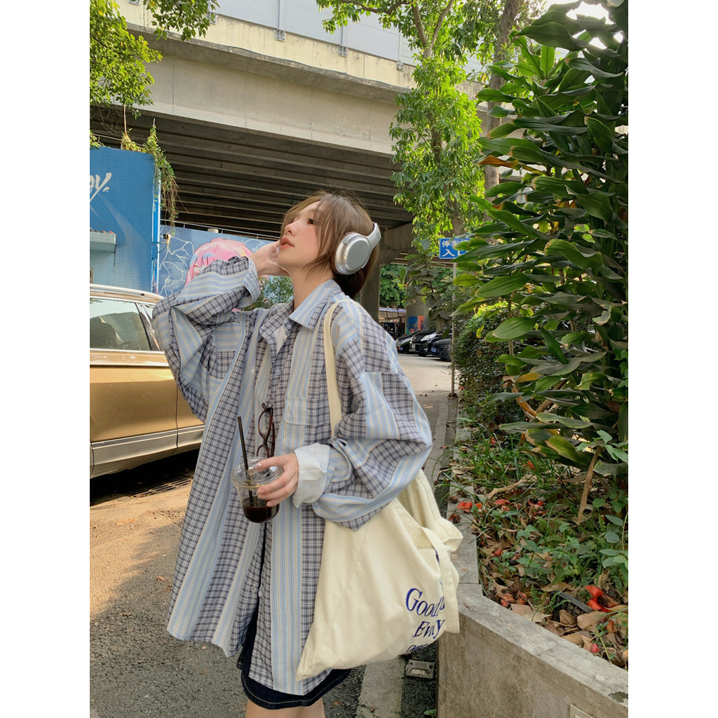 เสื้อเบลาส์ลําลอง แขนยาว ลายทาง ทรงหลวม อเนกประสงค์ สไตล์เรโทร แฟชั่นฤดูใบไม้ผลิ สําหรับผู้หญิง 240423