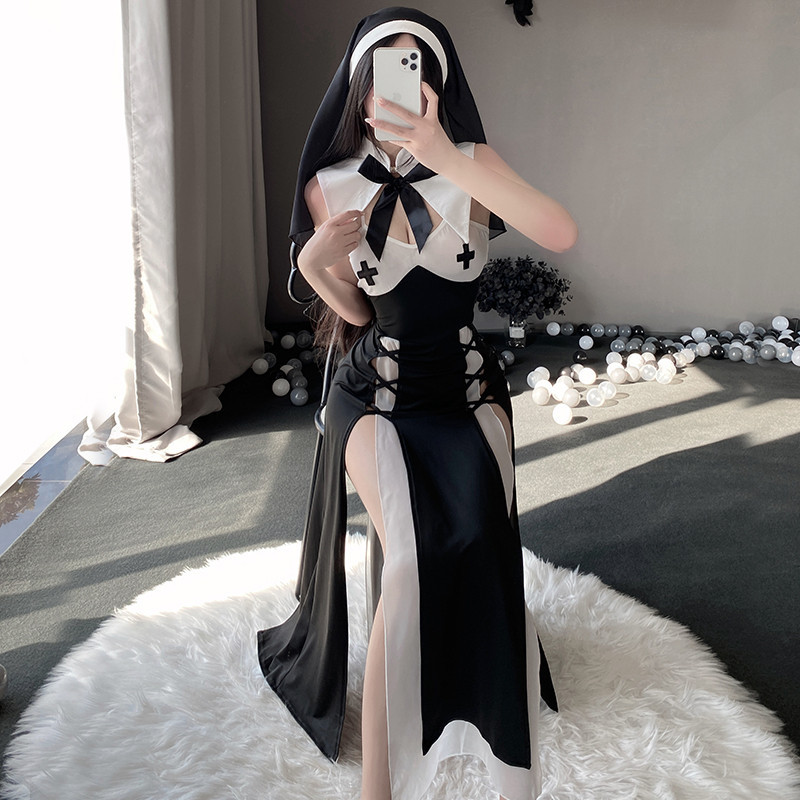 YJ Historical Nun Cosplay Costume for Women Anime Sexy Maid Dresses Halloween Black White Nuns Exoti