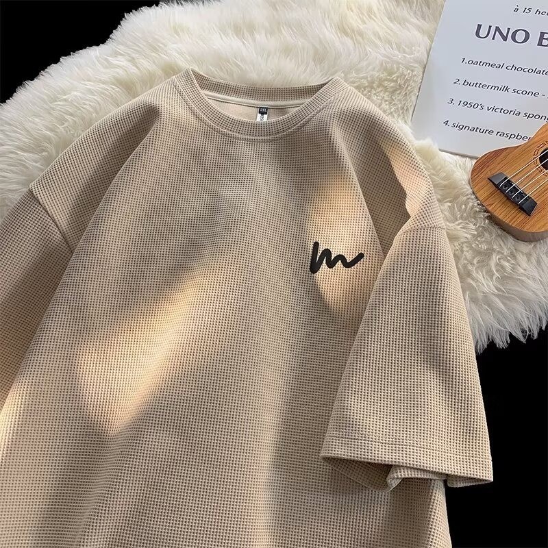 Plus ขนาด M-5XLMens Waffle เสื้อยืดแขนสั้นบุคลิกภาพตัวอักษรพิมพ์เสื้อยืดลําลองหลวม Streetwear Tee Un