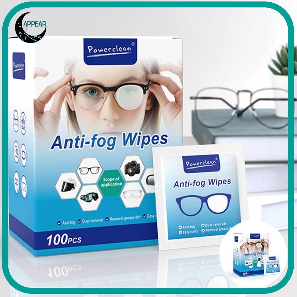 Appear 100 ชิ้น/กล่องแว่นตา Anti Fog Wipe, เลนส์เช็ด Anit-Fog แว่นตาทําความสะอาดผ้าเช็ดทําความสะอาดเปียก, หน้าจอโทรศัพท์แว่นตากันแดดแบบใช้แล้วทิ้ง Anti-Fog เลนส์ผ้าเช็ดทําความสะอาด