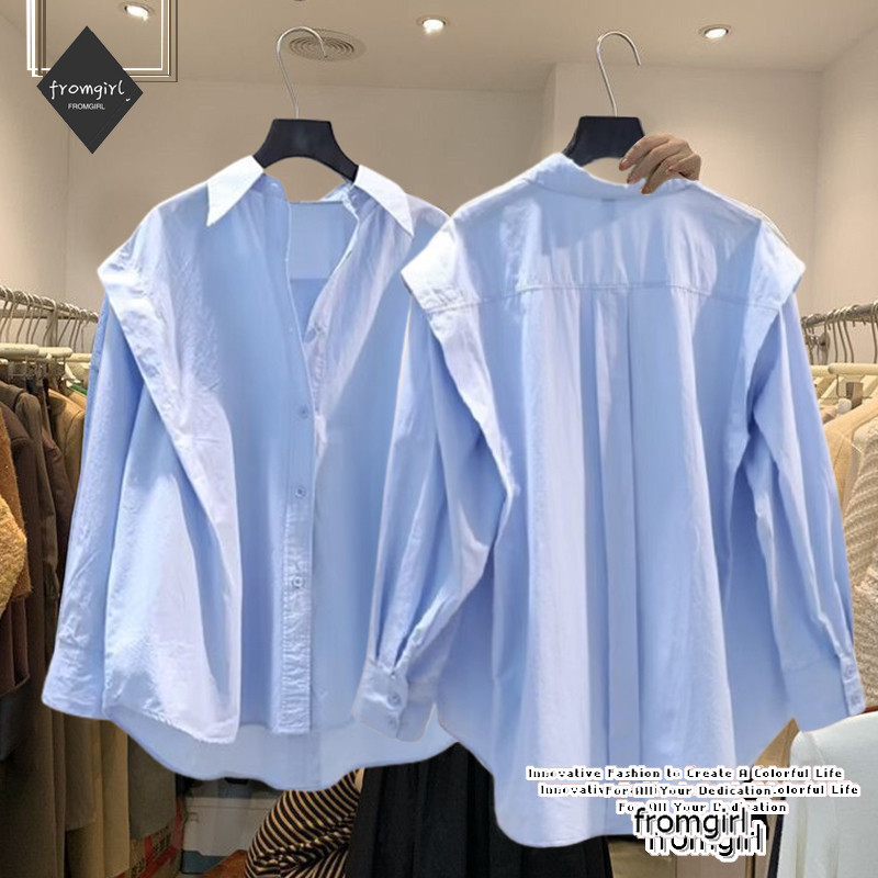 ใหม่สีฟ้าเสื้อแขนยาวผู้หญิงฤดูใบไม้ร่วงอารมณ์แฟชั่นเก๋สบายเสื้อ