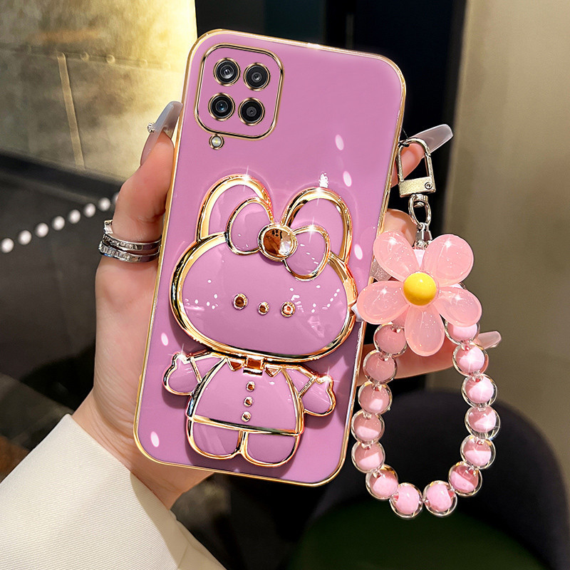 SAMSUNG ปลอกsamsung A12 m52 A22 4G A22 5G M33 5G M53 5G A42 M42 M32 4Gเคสโทรศัพท์TPU 3Dกระต่ายสเตอริโอขาตั้งUltra Thin Electroplated Softกรณีกันกระแทกพร้อมสร้อยข้อมือ