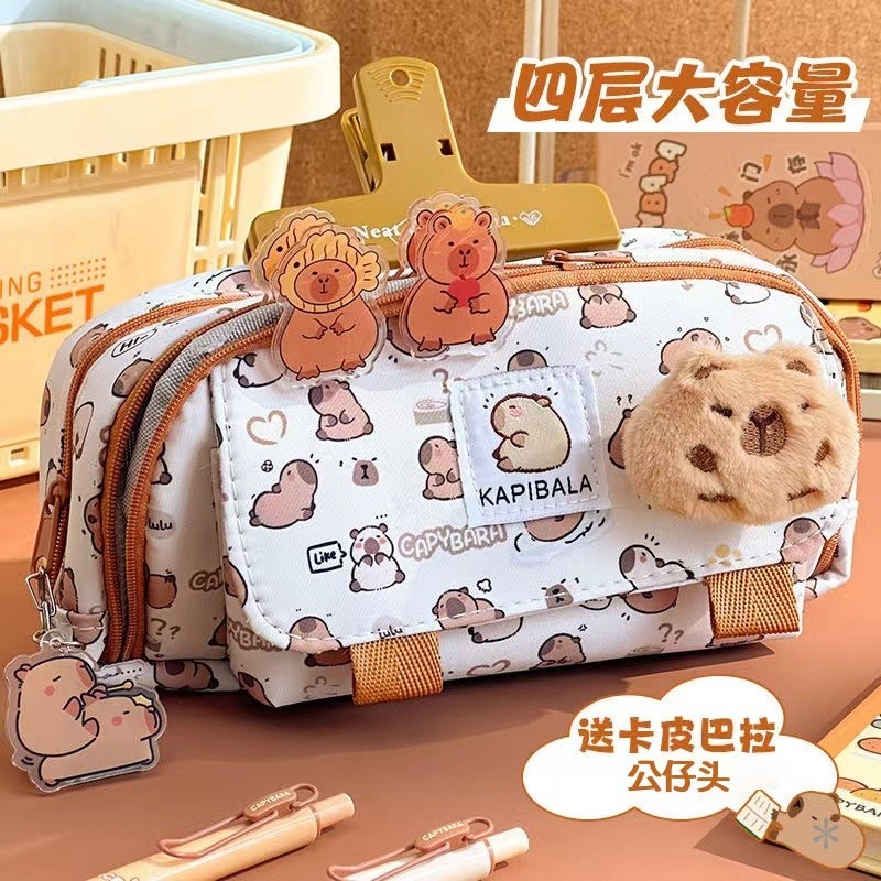 ใหม่ Kapibara กล่องดินสอ ins สไตล์ High-Appearance สามชั้นกระเป๋าเครื่องเขียนมัลติฟังก์ชั่นความจุขนาดใหญ่นักเรียน Penc
