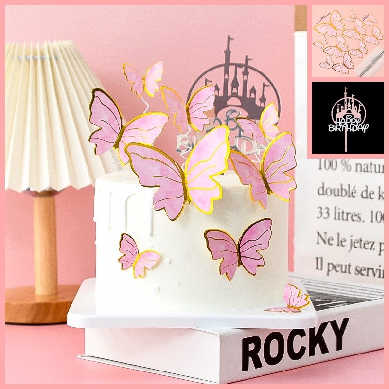 [พร้อมสําหรับการจัดส่ง] 11ชิ้น/เซ็ตสีชมพูผีเสื้อสีม่วงตกแต่งเค้ก ท็อปเปอร์ วันเกิดวันวาเลนไทน์และวันแม่ตกแต่งเค้ก - รูปที่ 3