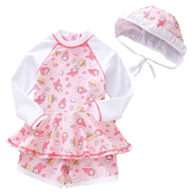 เด็กทารก Sanrio 3PCS ชุดว่ายน้ําเด็ก Kawaii My Melody การ์ตูนน่ารักชุดว่ายน้ําแขนยาวเด็กทารกอะนิเมะชุดว่ายน้ําของขวัญเด็ก
