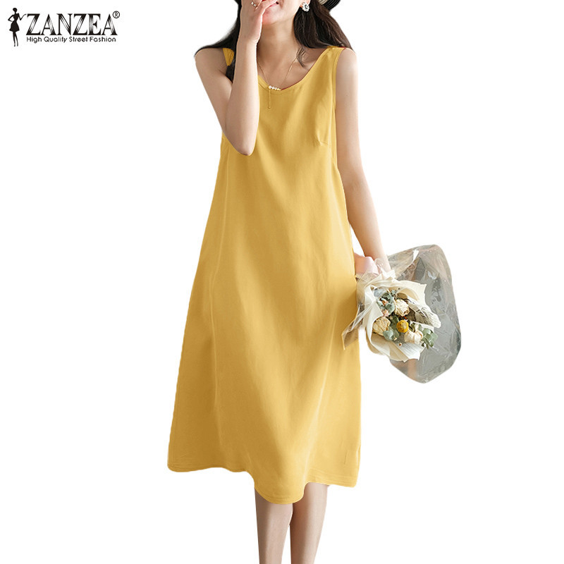 Zanzea ผู ้ หญิงเกาหลีความยาวกลางลูกวัวคอหลวมชายเสื ้ อแขนกุดชุดสีธรรมดา