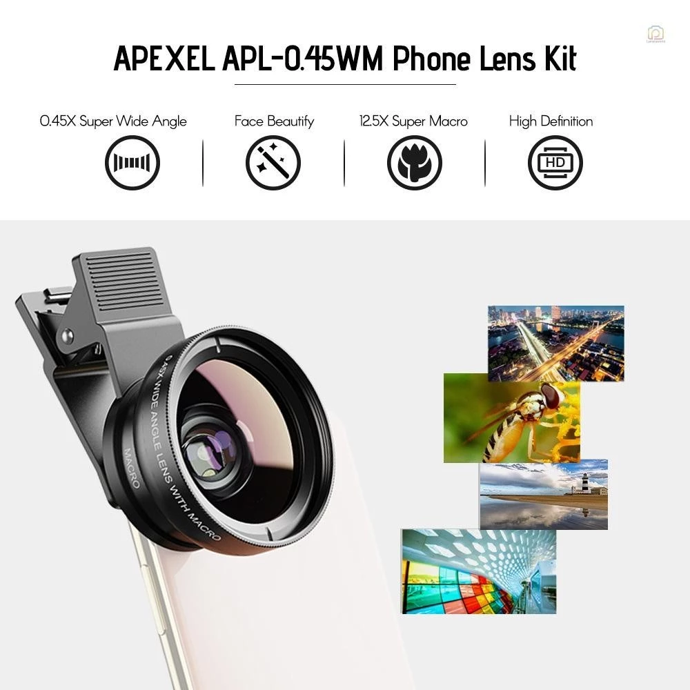 Apexel APL-0.45WM เลนส์โทรศัพท์ชุด 0.45X Super Wide Angle & 12.5X Super Macro เลนส์ HD เลนส์กล้องคลิปสําหรับ iPhone Samsung Huawei Xiaomi สมาร์ทโฟนเพิ่มเติม thumbnail 4