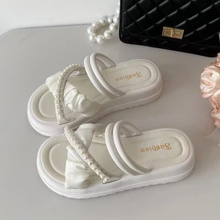 🍓EnJoy🍓 พร้อมส่ง (LT-2888) รองเท้าแตะสวม สายคาดไขว้ ดีเทลมุกสไตล์สาวหวาน