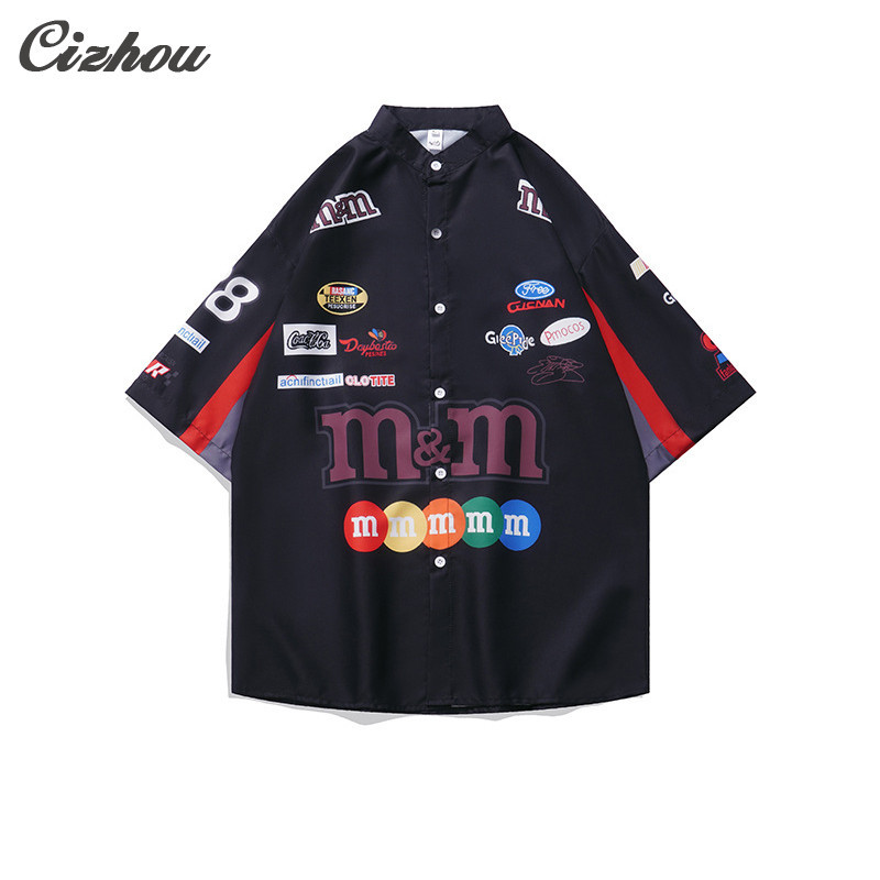 เสื้อเชิ้ตแขนสั้นผู้ชาย อเมริกันย้อนยุคอุตสาหกรรมหนักสีปิดกั้นสไตล์แข่งเสื้อแขนสั้นฤดูร้อนใหม่พิมพ์รถจักรยานยนต์เสื้อแขนสั้น