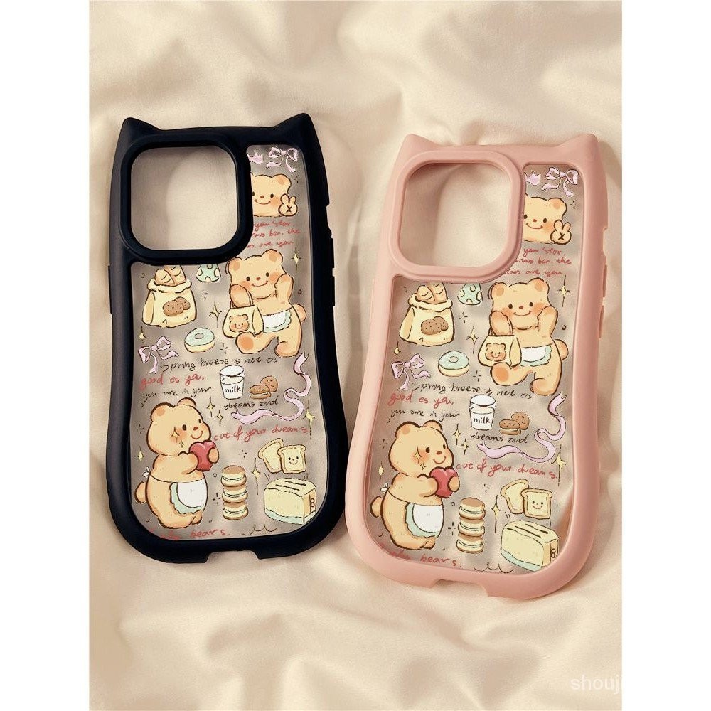 Fun Butter Bear Apple 14 เคสโทรศัพท ์ iPhone15 หูแมวสามมิติ 13 น ่ ารัก 12promax ทนต ่ อแรงกระแทก 11