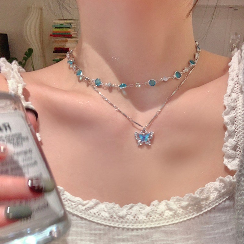 สาวสร ้ อยคอสีฟ ้ าเพทายโบว ์ จี ้ สร ้ อยคอ Rhinestone คู ่ สําหรับผู ้ หญิงเครื ่ องประดับ