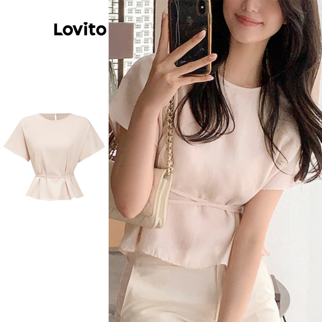 Lovito เสื้อเบลาส์ผู้หญิง แบบผูกเอว สีพื้น สไตล์หรูหรา L87ED402