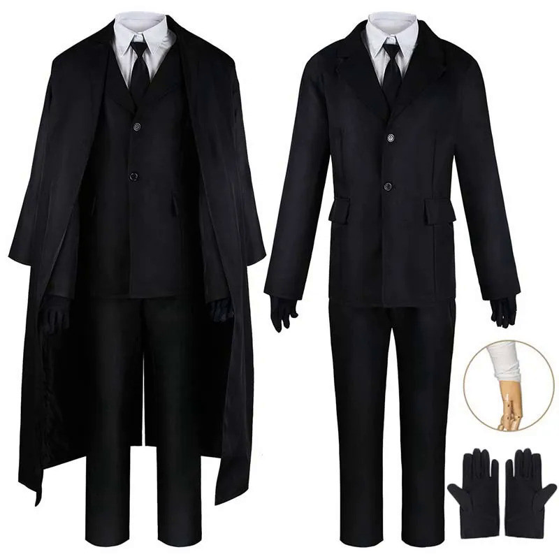 Dazai Osamu คอสเพลย์เครื่องแต่งกาย, Trench Black, Jacket, กางเกง, ถุงมือ, ผ้าพันแผล, เครื่องแบบ, อะนิเมะ, การ์ตูน, คอสเพลย์, ชุดสําหรับวันฮาโลวีน