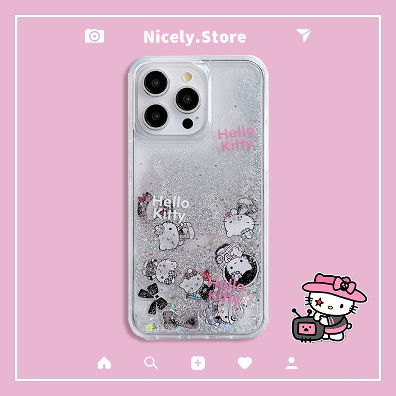 การ์ตูน Hello Kitty Bowknot Glitter Quicksand เคสโทรศัพท์สําหรับ iPhone 16 15 14 Plus 13 12 Pro Max 11 11Promax กันกระแทกอะคริลิคใส Hard ปลอก
