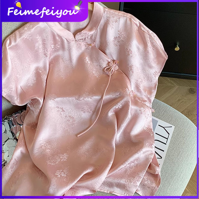 [ของแท้] ใหม่ Tradition Summer Retro Jacquard Elegant Simple Loose Original Womens Short Sleeve Top