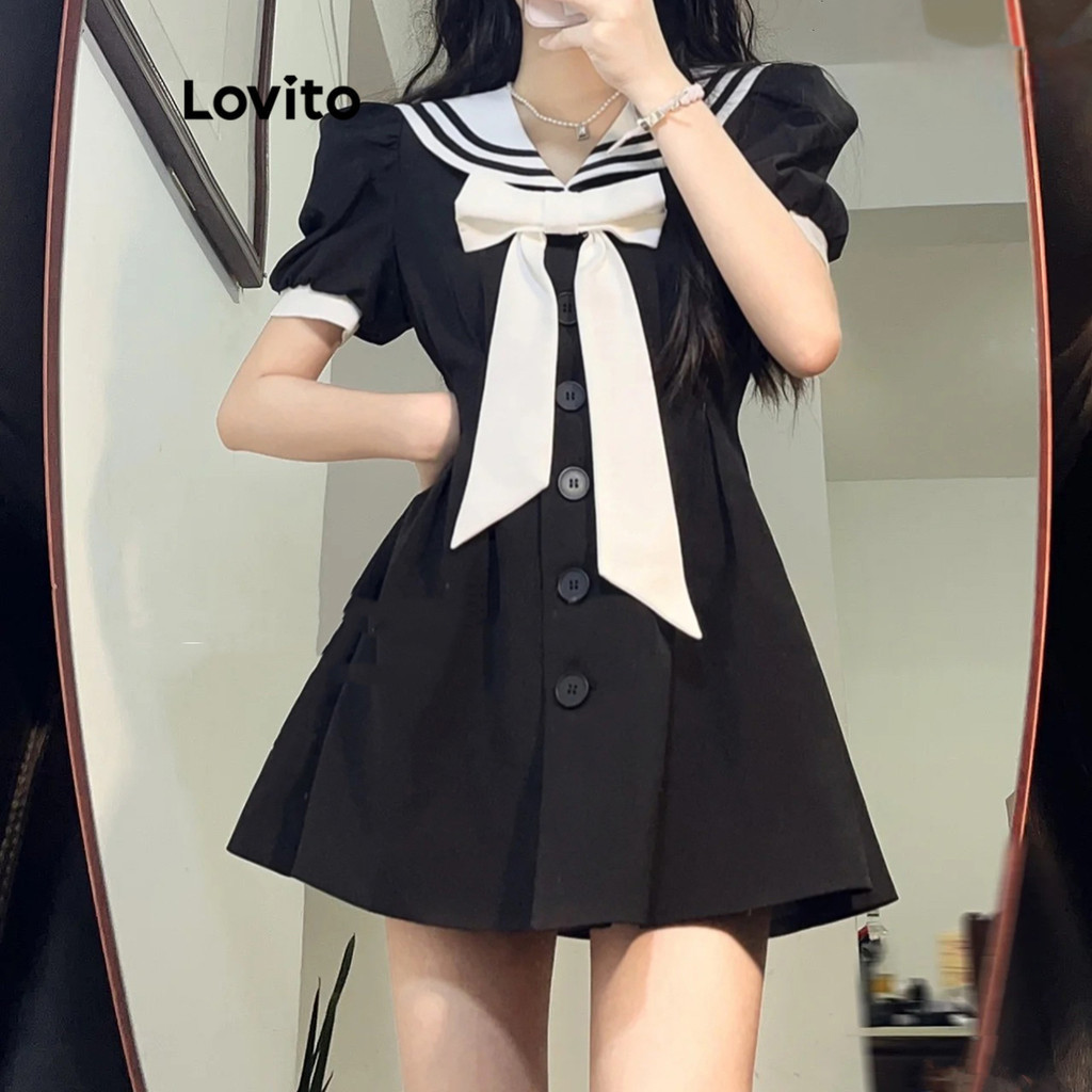 Lovito เดรสผู้หญิง แต่งโบว์ ผูกคอ สีพื้น สไตล์เพร็พพี่ LNA49204