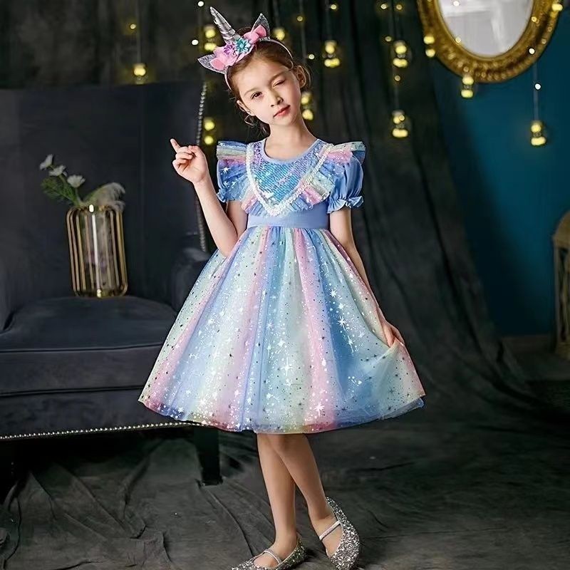 「X F 」213 ชุดเจ ้ าหญิง Elsa ใหม ่ สําหรับเด ็ กผู ้ หญิงแฟชั ่ นแขนสั ้ นชุดตาข ่ าย