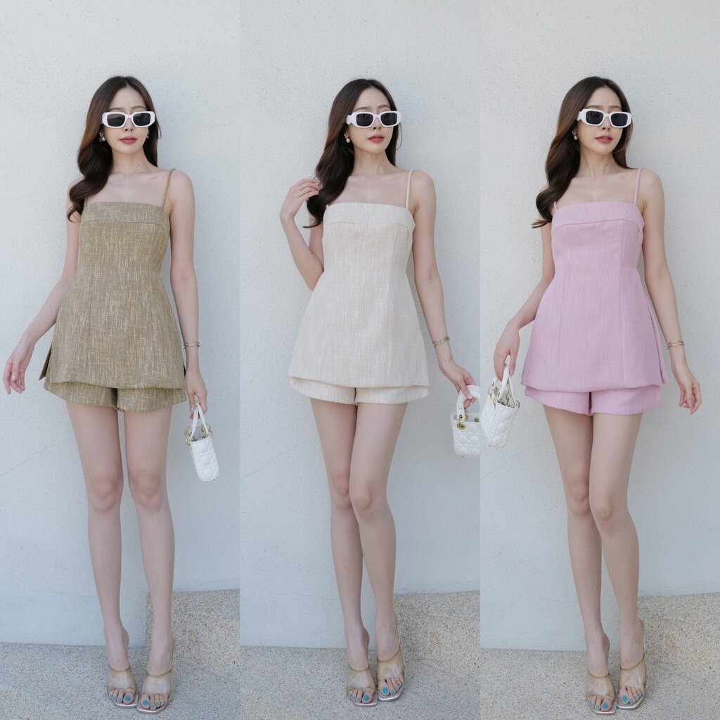 #9342 HILOOK ชุดเชต เสื้อสายเดี่ยว+กางเกงขาสั้น ผ้าทวิตญี่ปุ่น มีซับใน เนื้อผ้านิ่ม