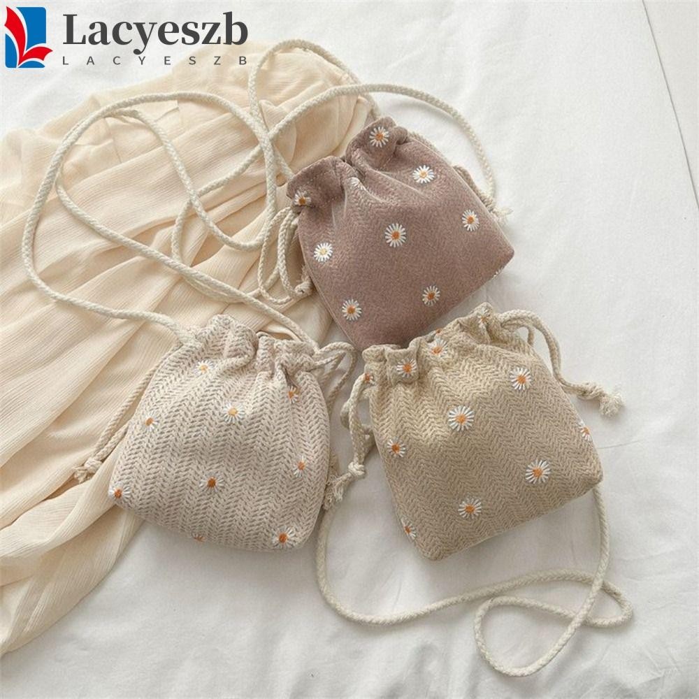 Lacyeszb Straw Bucket Bag, Daisy Rattan Summer Shoulder Bag, Elegant Square Shoulder Strap Handbag Small Messenger Bag Beach