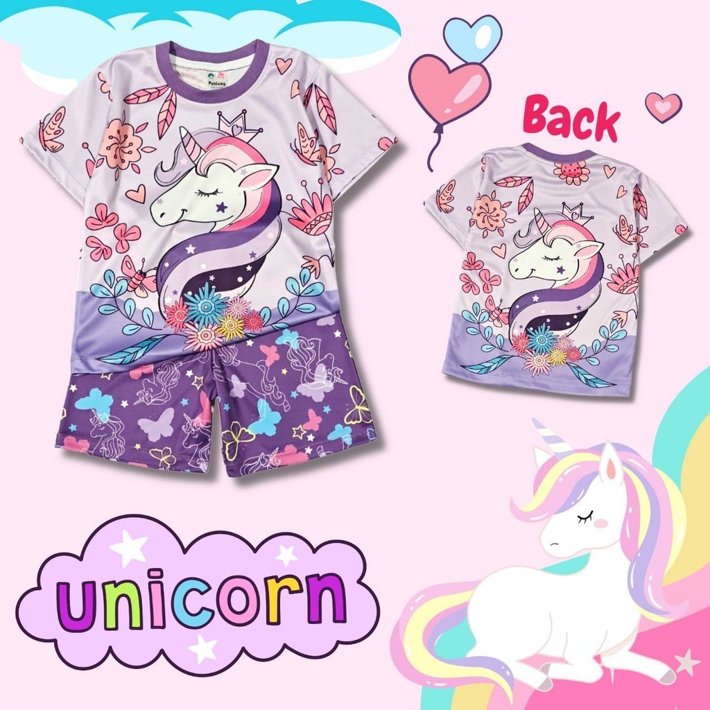 UN0900#4 ชุดเด็ก เสื้อแขนสั้น+กางเกงขาสั้น ผ้าไมโครเกรดA ลายม้ายูนิคอร์น เสื้อผ้าเด็ก ชุดเด็กแฟชั่น ชุดเด็กลายการ์ตูน