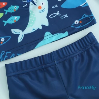 Aqq-baby Boy 3 ชิ้น Rash Guard ชุดว่ายน้ําน่ารักปลาพิมพ์แขนยาว Zip Up ชุดว่ายน้ําชุดว่ายน้ํา