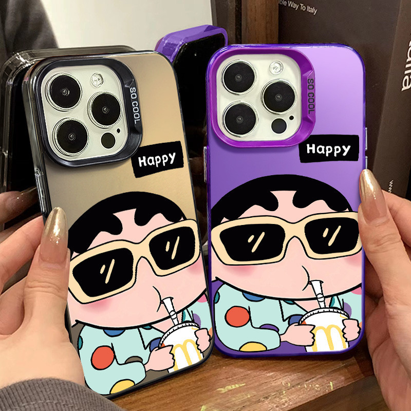 การ์ตูนสนุกเครื่องดื่ม Crayon Shin Chan เคสโทรศัพท์สําหรับ IPhone 13 15 12 11 14 Pro MAX XR X XS MAX 15Plus 7/8 Plus Se2020 ขนาดใหญ่กระจกกรอบเคสโทรศัพท์