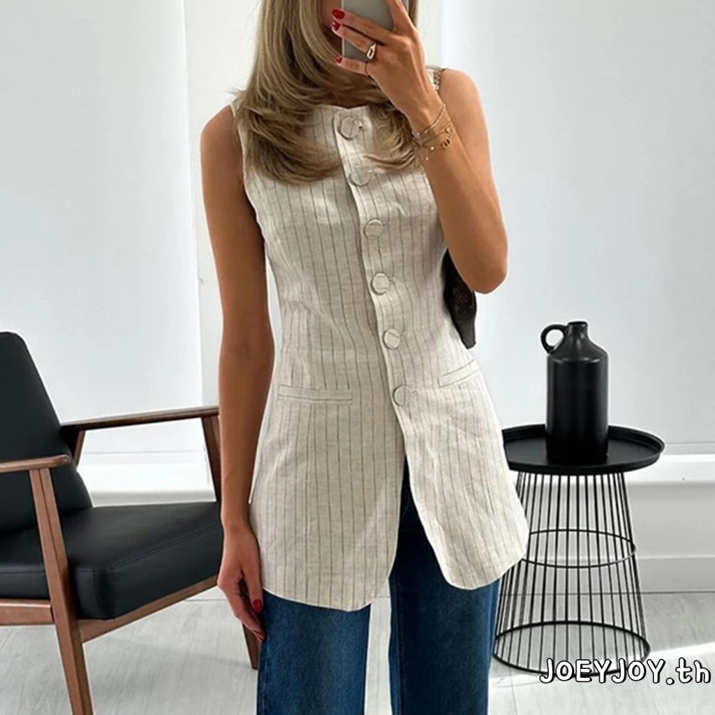 Joeyjoy-เสื้อกั๊กยาวลายทางสําหรับผู้หญิงติดกระดุมเสื้อกั๊กแขนกุดเดรสคอกลม