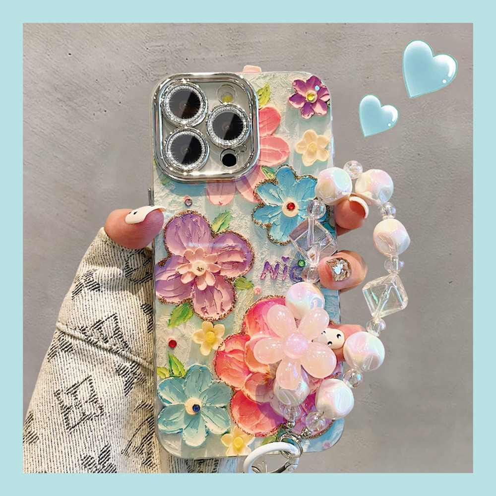 ภาพวาดสีน้ํามันดอกไม้สีสันสดใสรูปแบบเคสโทรศัพท์พร้อมสร้อยข้อมือสําหรับiphone 15 Pro Max 11 12 13 14 Pro Max 15Promaxหรูหรานุ่มกันกระแทกฝาหลังพร้อมฟิล์มกันรอยเลนส์