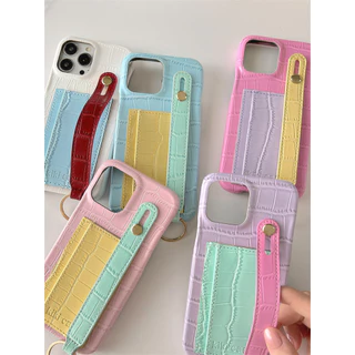 Macaron สี + สายรัดข้อมือ + กระเป๋าการ์ดสําหรับ iPhone 16 15 14 12 13 Pro Max เคส iPhone ป้องกัน anti-drop ฝาหลังกรณี