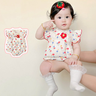 ชุดรอมเปอร์ บอดี้สูท ลายดอกไม้ สีเบจ สไตล์จีน น่ารัก แฟชั่นฤ…