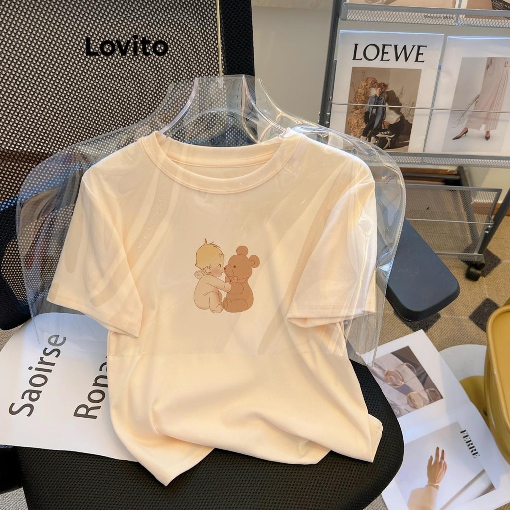 Lovito เสื้อยืดผู้หญิง ลายการ์ตูน สไตล์ลำลอง LNE54374