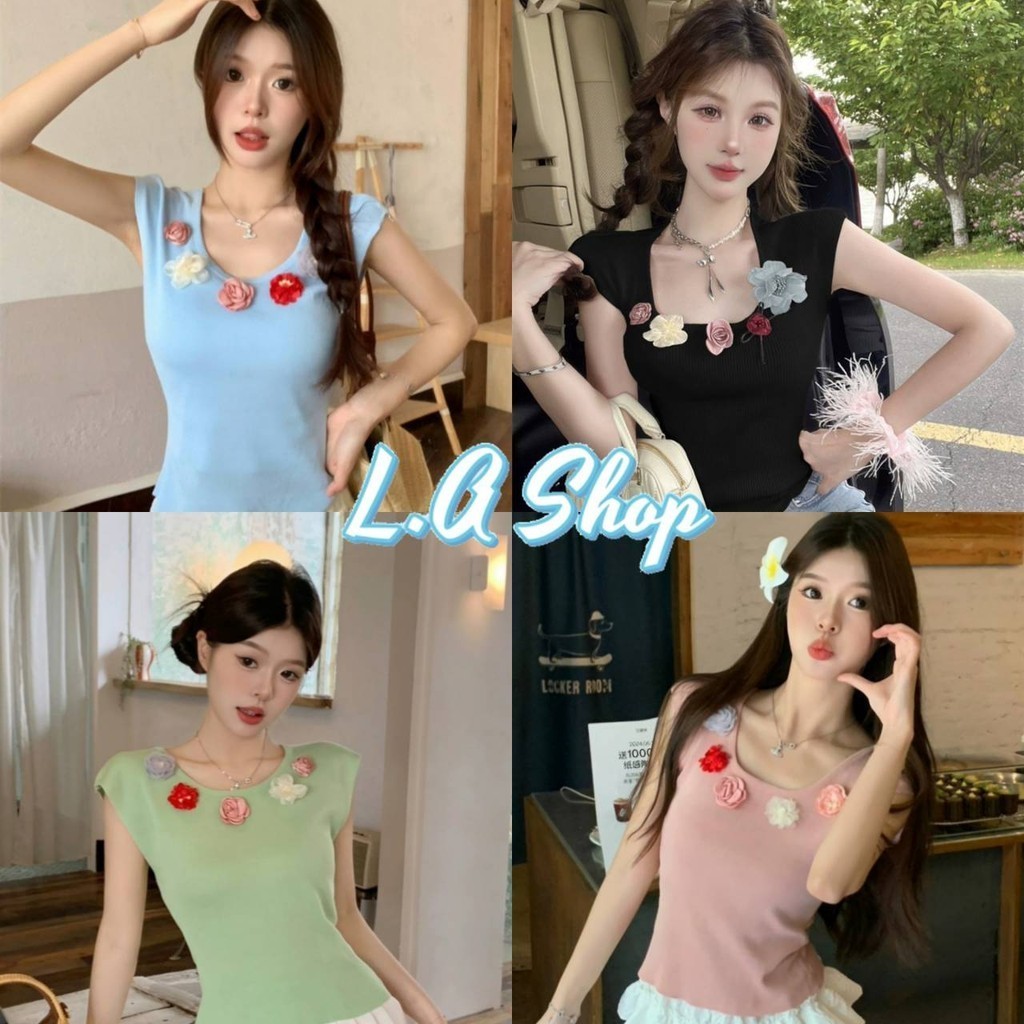 L.A Shop​-​พร้อมส่ง เสื้อกล้ามไหมพรม ดีเทลแต่งดอกไม้รอบๆ สีพาสเทล แนวเกาหลี "M9403"