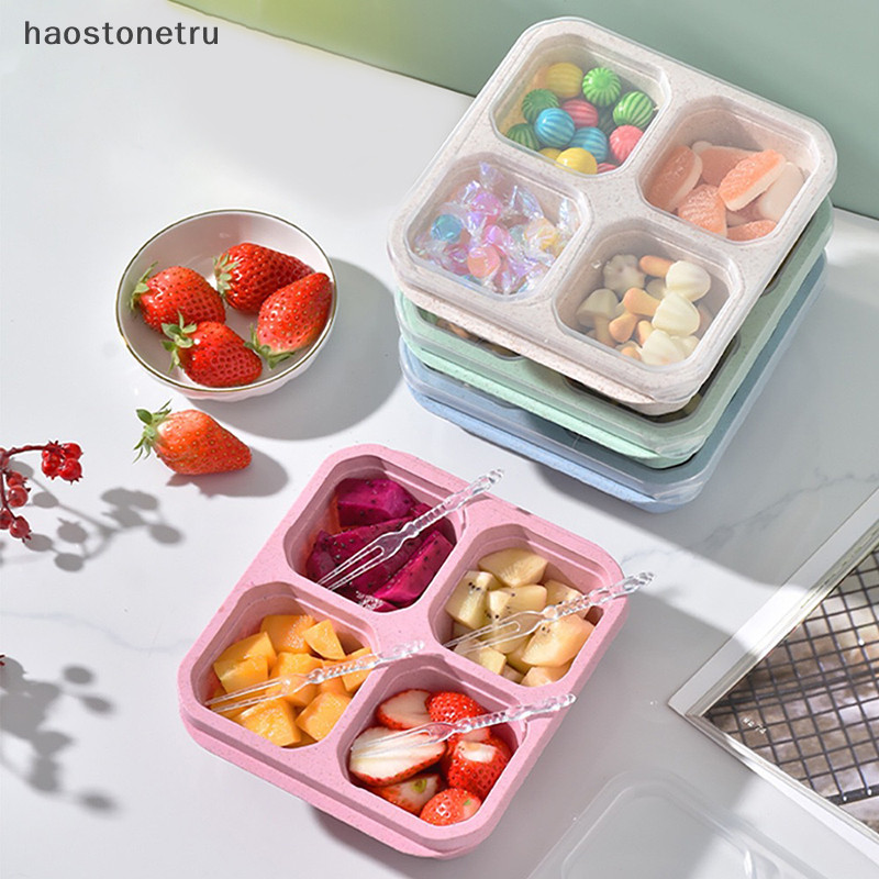 Ost Square Divider Bento Box นํากลับมาใช้ใหม่ได้ 4 ช่องอาหารขนมขบเคี้ยวถั่วพร้อมฝาปิดฟางข้าวสาลีกล่องอาหารกลางวันอุปกรณ์ครัว N
