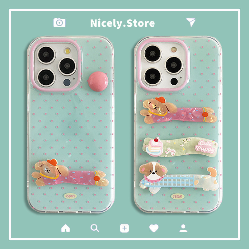 แฟชั่นสไตล์เกาหลีสีชมพูจุดคลื่น3งลูกสุนัขสุนัขเคสโทรศัพท์เข้ากันได้สําหรับ ไอโฟน 15 14 13 12 มือโปร สูงสุด 12โปรแม็กซ์ 15โปรแม็กซ์ ช็อกหลักฐาน IMง ป้องกันปลอกห
