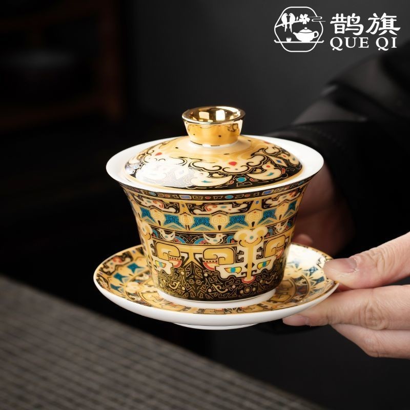 [Cờ Magpie] sancai-Nắp đậy phía dưới để xoay bát, bát cao cấp bằng kính Kung Fu Trung Quốc; sancai-Vỏ đèn sang trọng phong cách cung điện cho bát trà.