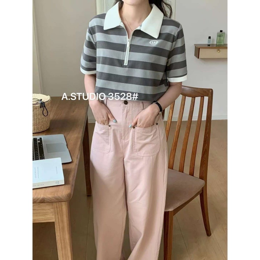 เสื้อยืดแขนสั้นผู้หญิงคอปกลายสก๊อตและซิปปักคํา ASAP จากกว่างโจว A.Studio เสื้อยืดฤดูร้อนขนาดกลาง 352