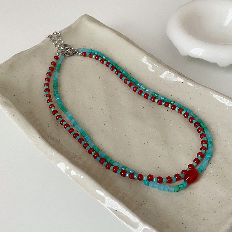 ย้อนยุคบรรยากาศสีแดงสีฟ้าลูกปัดสร้อยคอหญิง อิน - รูปที่ 4