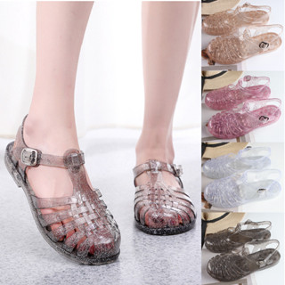 JH.lucky รองเท้าแตะหนังแก้ว รองเท้ายางสีใสมีกากเพชร รัดส้น ย…