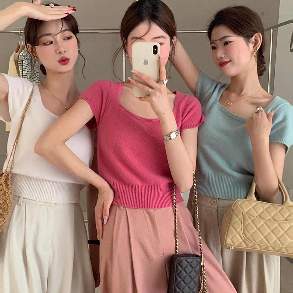 Lune_Graceเสื้อยืดไหมพรมแขนสั้นคอเหลี่ยม สีสดขัดผิว แฟชั่นsummer2024 ผ้านุ่มใส่สบาย รุ่นW007