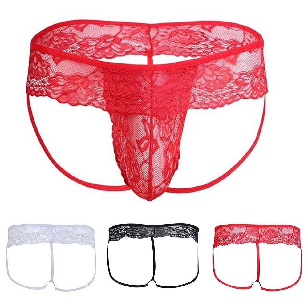 สต็อก Men Lace See Through Sissy Pouch Thong Briefs รูปที่ 6