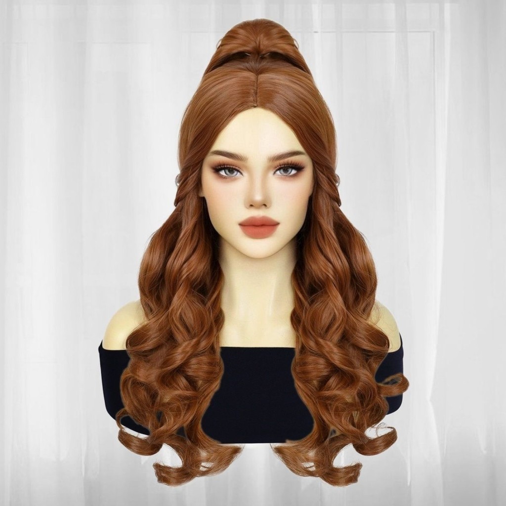 คอสเพลย์วิกผมสําหรับผู้หญิงผมหางม้าหยิก Auburn สีน้ําตาล Belle Princess คอสเพลย์วิกผมสําหรับฮาโลวีนคริสต์มาส