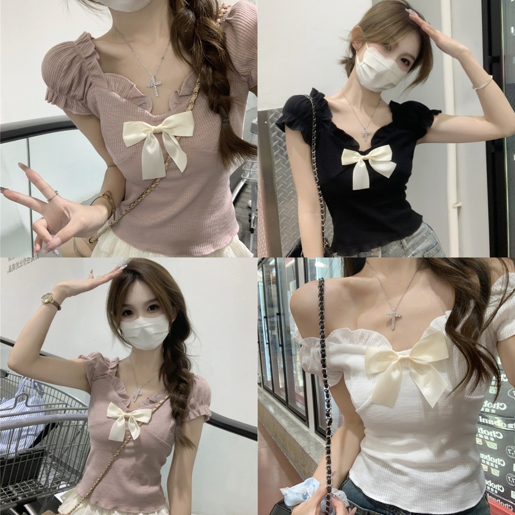 🎀Evelyn🎀เสื้อยืดผู้หญิง แขนพัฟ แต่งโบว์ สไตล์เกาหลี เสื้อสีชมพู แขนสั้น สไตล์ใหม่ ทรงเกาะอก ส่งไวจากไทย🎇#E342
