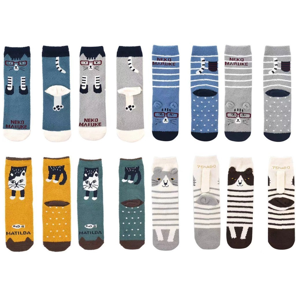 ญี่ปุ่นญี่ปุ่น kusguru Cat Jacquard Mid-Tube ถุงเท้าสบายถุงเท้ากองการ์ตูนถุงเท้าผู้หญิงถุงเท้าหนาถัก 977