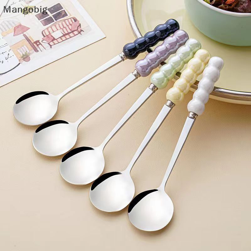 <Mangobig>สแตนเลสหัวกลมช้อนขนมหวานPearlเซรามิคHandleกาแฟกวนช้อนสําหรับบาร์ห้องครัวDinner Gadgets Nice