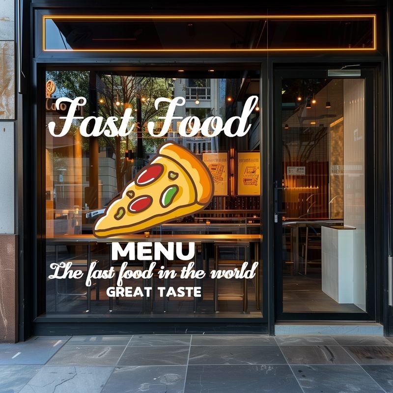 ร้านพิซซ่าเบอร์เกอร์สติกเกอร์ประตูกระจกไก่ทอดไอศกรีมร้านอาหารจานด่วนสติกเกอร์ตกแต่งหน้าต่าง