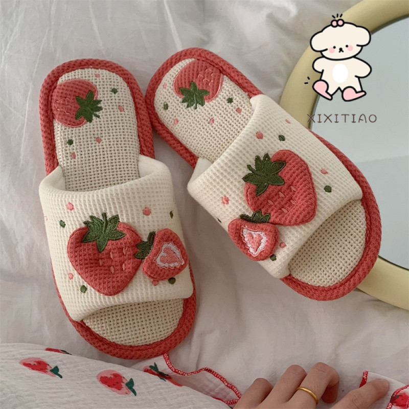 Xixitiao Hemp รองเท ้ าแตะ Four Seasons Sweet Strawberry Soft Sole Home Mute Flat Sole หญิง