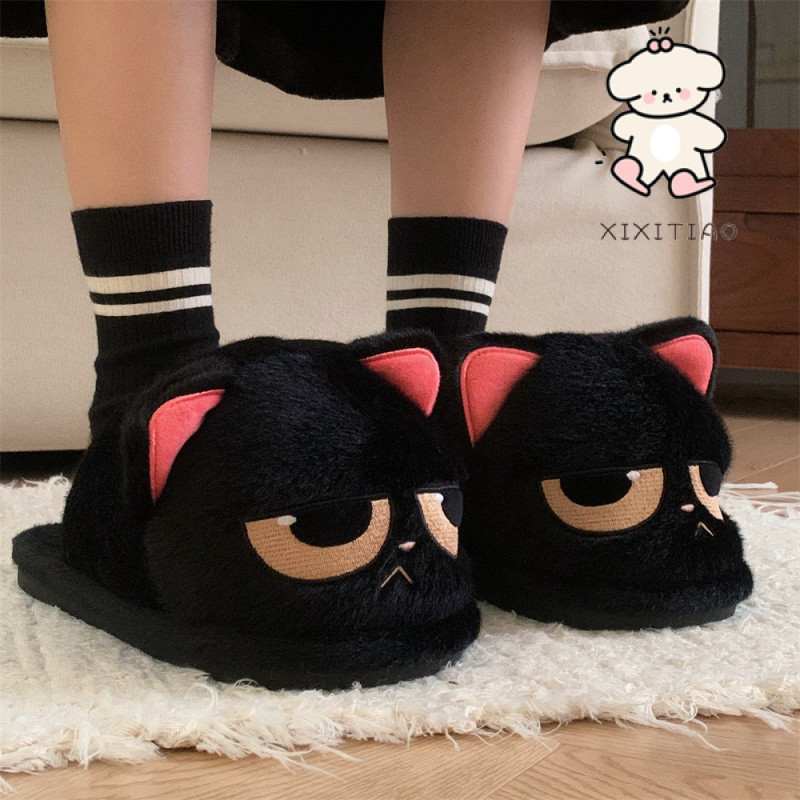 Xitiao Angry Little Black Cat รองเท้าแตะผ้าฝ้ายผู้ชายผู้หญิงคู่น่ารักการ์ตูนให้ความอบอุ่น