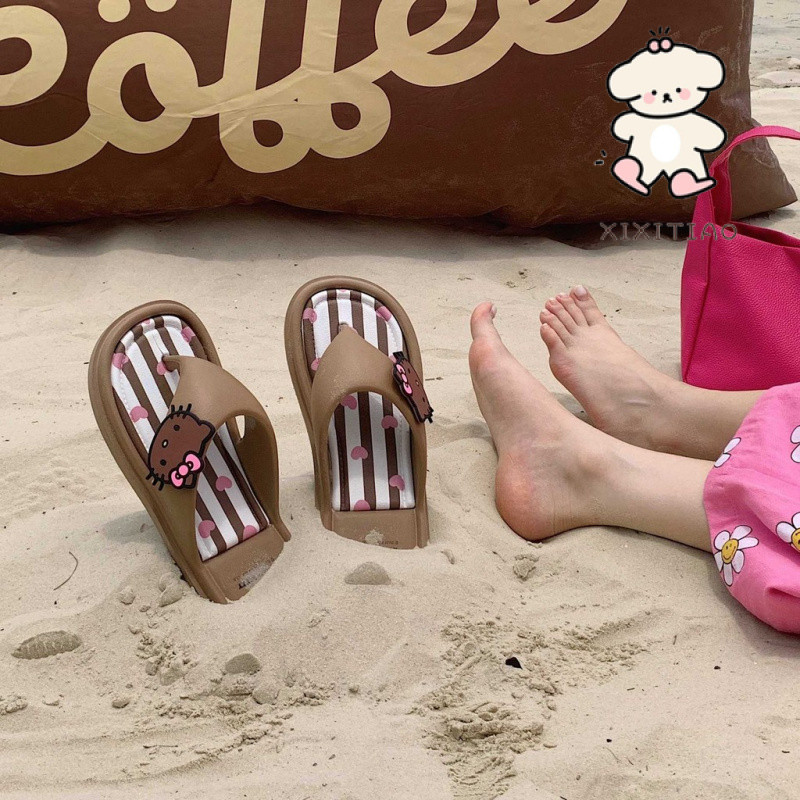 Xitiao ฮาวาย Influencer หวานหนังสีดํา kitty Cat Seaside Flip-Flops หญิงฤดูร้อนน่ารัก ins แบน Flip-Flops รองเท้าแตะรองเท้าแตะ