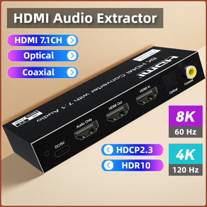 8k 60Hz HDMI Audio Extractor 7.1 ช่อง 4K 120Hz HDMI2.1 ถึง 7.1CH Optical Coaxial 3.5 มม.เอาต์พุต HDCP2.3 HDR10 VRR